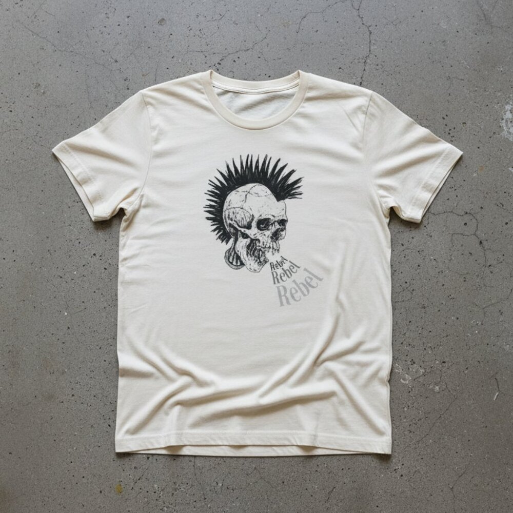 Punk Mohawk Skull Rebel Rocker Cream Graphic Tee Edgy Women's Shirt